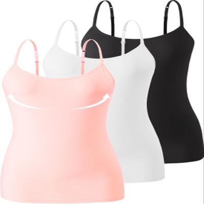 Accbiety 3 Pack Womens Camisole with Built in Bra Adjustable Strap Tank Tops for Women Cami Shelf Bra Cotton Undershirt Black White Pink XXL