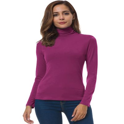 Women Long Sleeve Turtleneck Slim Fitted Based Layer Shirt Pullover Tops Fuchsia X-Large