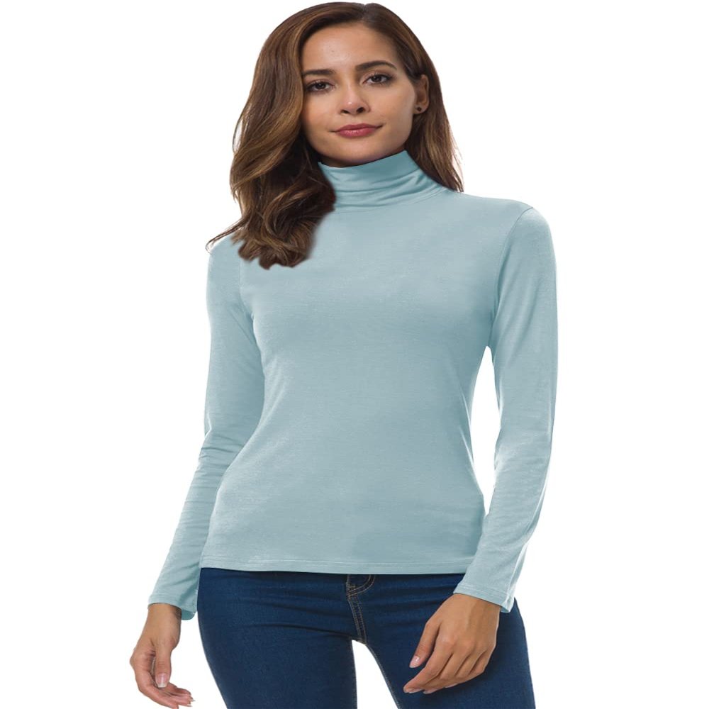 Women Long Sleeve Turtleneck Slim Fitted Based Layer Shirt Pullover Tops Breezy Blue X-Large