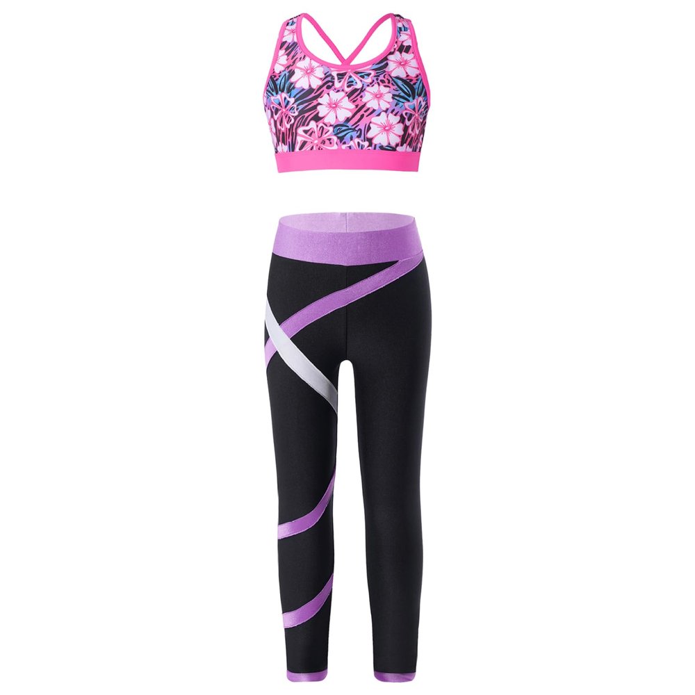 Huimingda Kids Girls Bra Crop Top Athletic Leggings Two Pieces Set Dance Sports Outfits Yoga Fitness Workout Tracksuit Gardenia Rose 14 Years