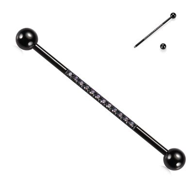 14G Industrial Piercing Jewelry 1 1/2 Inch 38mm Industrial Barbell Earrings Black Cartilage Earring with Rainbow CZ Surgical Steel Body Jewelry for Women & Men