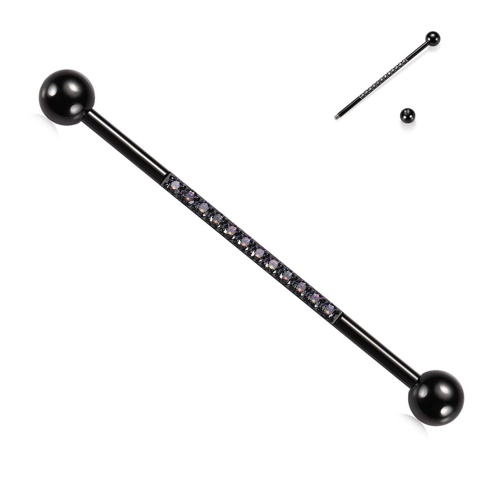 14G Industrial Piercing Jewelry 1 1/2 Inch 38mm Industrial Barbell Earrings Black Cartilage Earring with Rainbow CZ Surgical Steel Body Jewelry for Women & Men