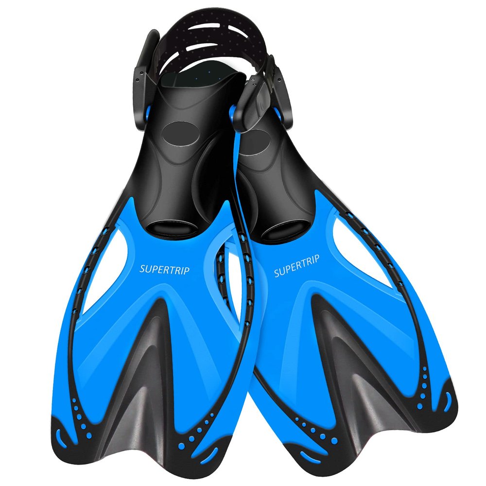 Supertrip Kids Snorkel Fins, Swim Fins for Lap Swimming, Adjustable Short Flippers, Travel Size Diving Fins Scuba Fins, Snorkeling Gear for Kids Boys Girls Age 6-14