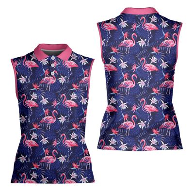 Tropical Flamingo Sleeveless Polo Shirt for Women, Summer Sports Athletic Tennis Golf Shirts Quick Dry Outdoor Sports