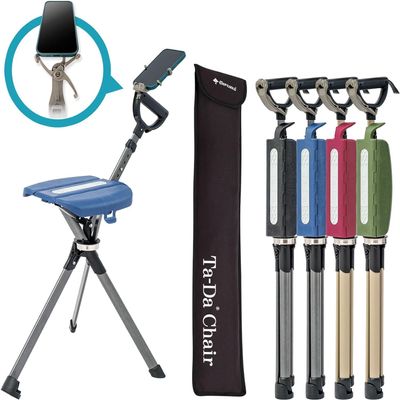 STEP2GOLD Ta-Da Chair Series 2 PRO, Portable Walking Stick, Cane with Seat, Foldable Chair, Hiking Stick, for Camping, Hiking, Lightweight Aluminum, Easy Carry, Anti-Slip (Blue)