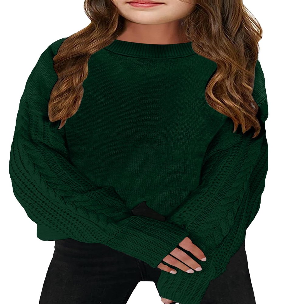 INFULEIMU Girls Sweaters Crewneck Long Sleeve Kids Sweater Fall Winter Chunky Knit Pullover Jumper 5-14 Green