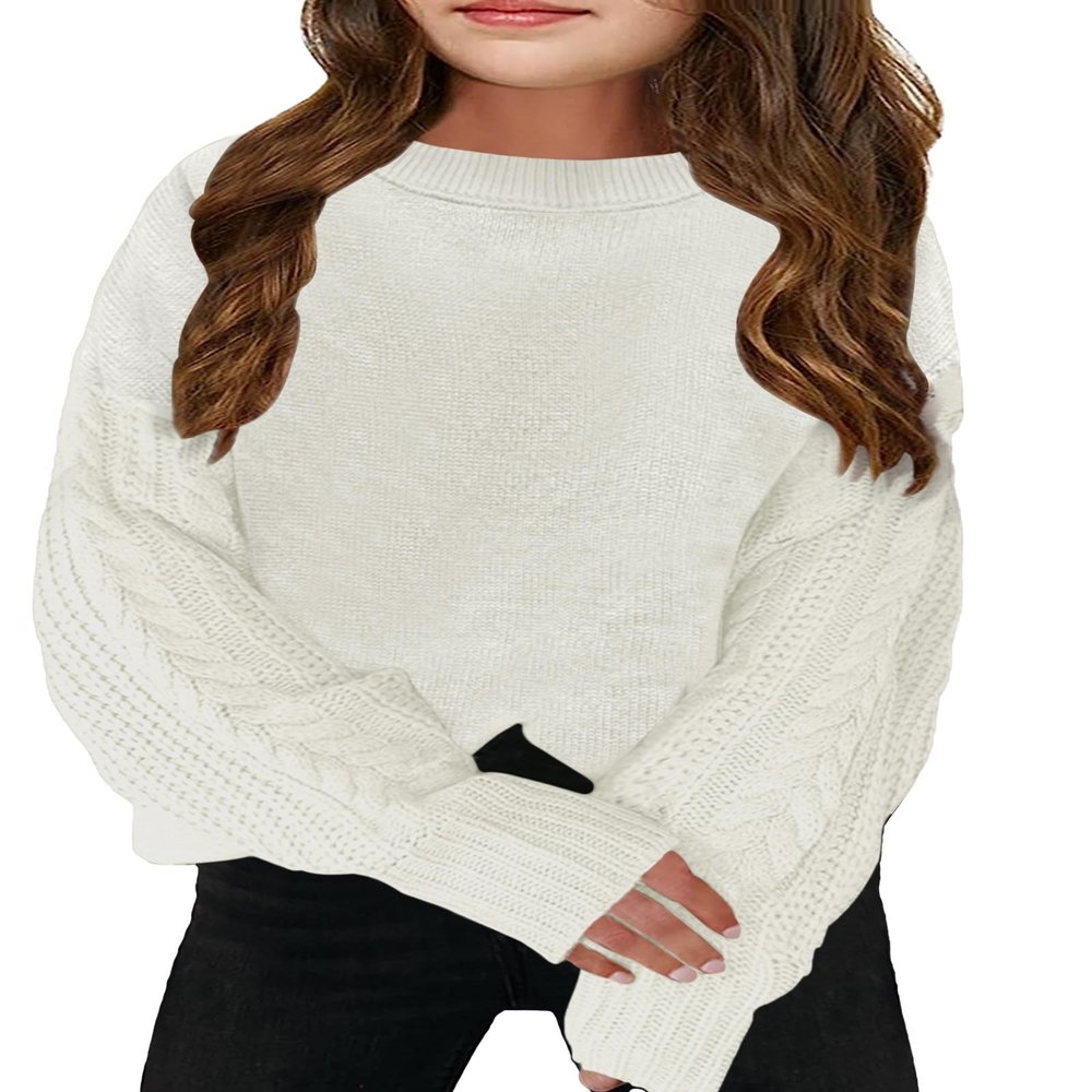 INFULEIMU Girls Sweaters Crewneck Long Sleeve Kids Sweater Fall Winter Chunky Knit Pullover Jumper 5-14 White