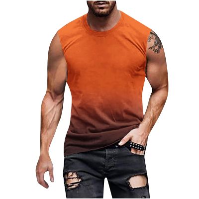 Hawaiian Shirts for Men 2023 Classic Fit Crew Neck Sleeveless Gradient Color Tank Tops Summer Causal Muscle Shirt Beach Shirts for Men 3xlt Orange M