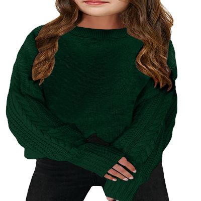 INFULEIMU Girls Sweaters Crewneck Long Sleeve Kids Sweater Fall Winter Chunky Knit Pullover Jumper 5-14 Green