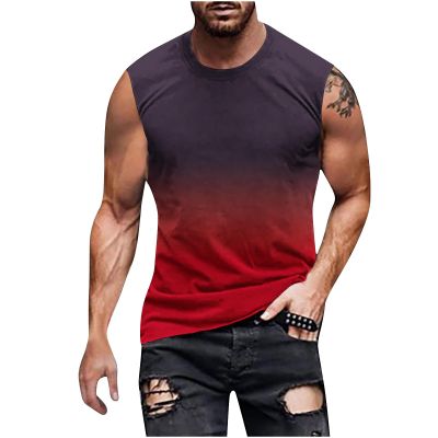 Hawaiian Shirts for Men 2023 Classic Fit Crew Neck Sleeveless Gradient Color Tank Tops Summer Causal Muscle Shirt Hawaiian Shirt for Men Cotton Red M