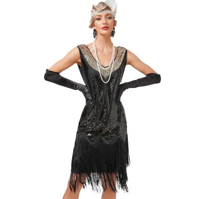 1920s Dress for Women Gatsby Roaring 20s Costumes for Women V-Neck Sleeveless Glitter Tassel Fringe Sequin Dress Great Gatsby Costumes for Women Halloween Costumes Disfraz para Mujer Black B M