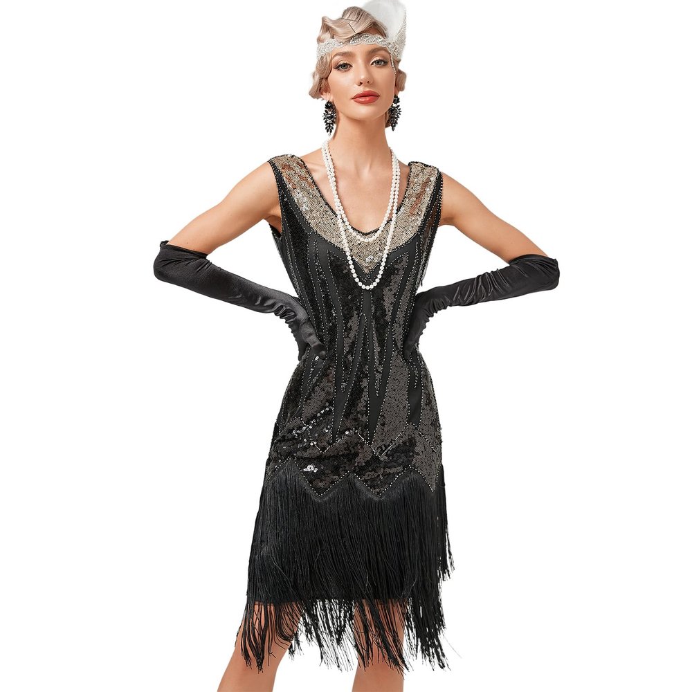 1920s Dress for Women Gatsby Roaring 20s Costumes for Women V-Neck Sleeveless Glitter Tassel Fringe Sequin Dress Great Gatsby Costumes for Women Halloween Costumes Disfraz para Mujer Black B M