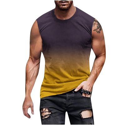 Hawaiian Shirts for Men 2023 Classic Fit Crew Neck Sleeveless Gradient Color Tank Tops Summer Causal Muscle Shirt Mens Hawaiian Shirts Yellow M