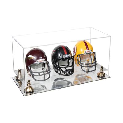 Better Display Cases Acrylic Three Mini - Miniature Football Helmets (not Full Size) Display Case with Clear Case, Gold Risers and Mirror Base 19.25" x 8.25" x 8" (V47/A103)