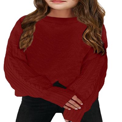 INFULEIMU Girls Sweaters Crewneck Long Sleeve Kids Sweater Fall Winter Chunky Knit Pullover Jumper 5-14 Red