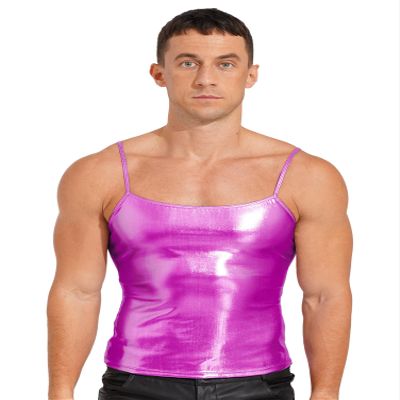 CHICTRY Mens Shiny Leather Spaghetti Straps Sleeveless Vest Top Metallic Hip Hop Dance Costume Rose Large