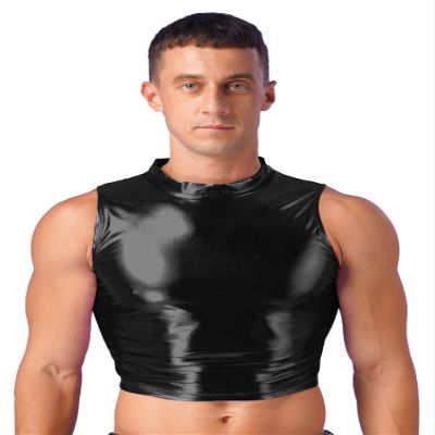 winying Mens Shiny Metallic Sleeveless Crop Top Mock Neck Slim Fit Muscle Tank Top Vest Black X-Large