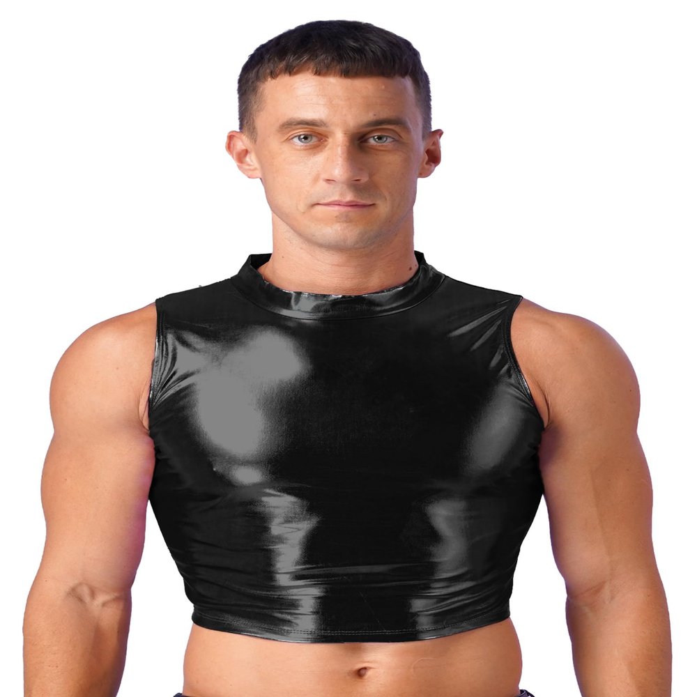 winying Mens Shiny Metallic Sleeveless Crop Top Mock Neck Slim Fit Muscle Tank Top Vest Black X-Large