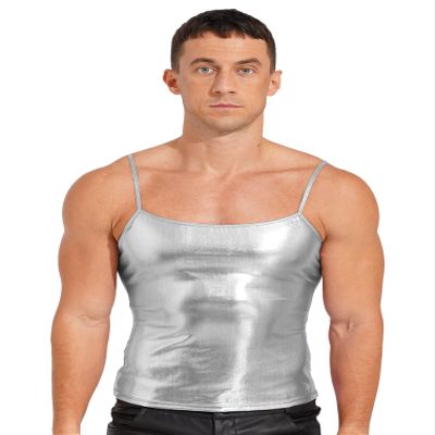 FEESHOW Men's Shiny Metallic Patent Leather Camisole Yoga Jazz Hip Hop Costume Dance Performance Silver X-Large