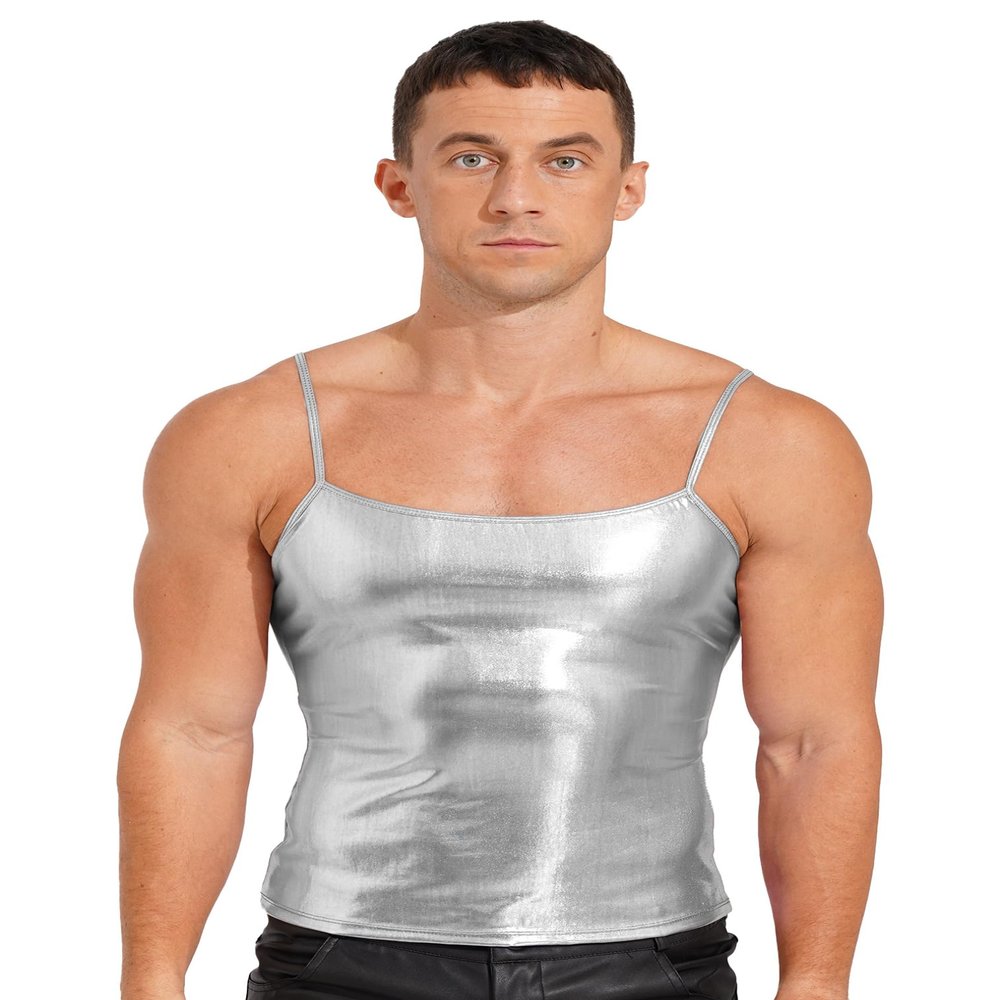 FEESHOW Men's Shiny Metallic Patent Leather Camisole Yoga Jazz Hip Hop Costume Dance Performance Silver X-Large