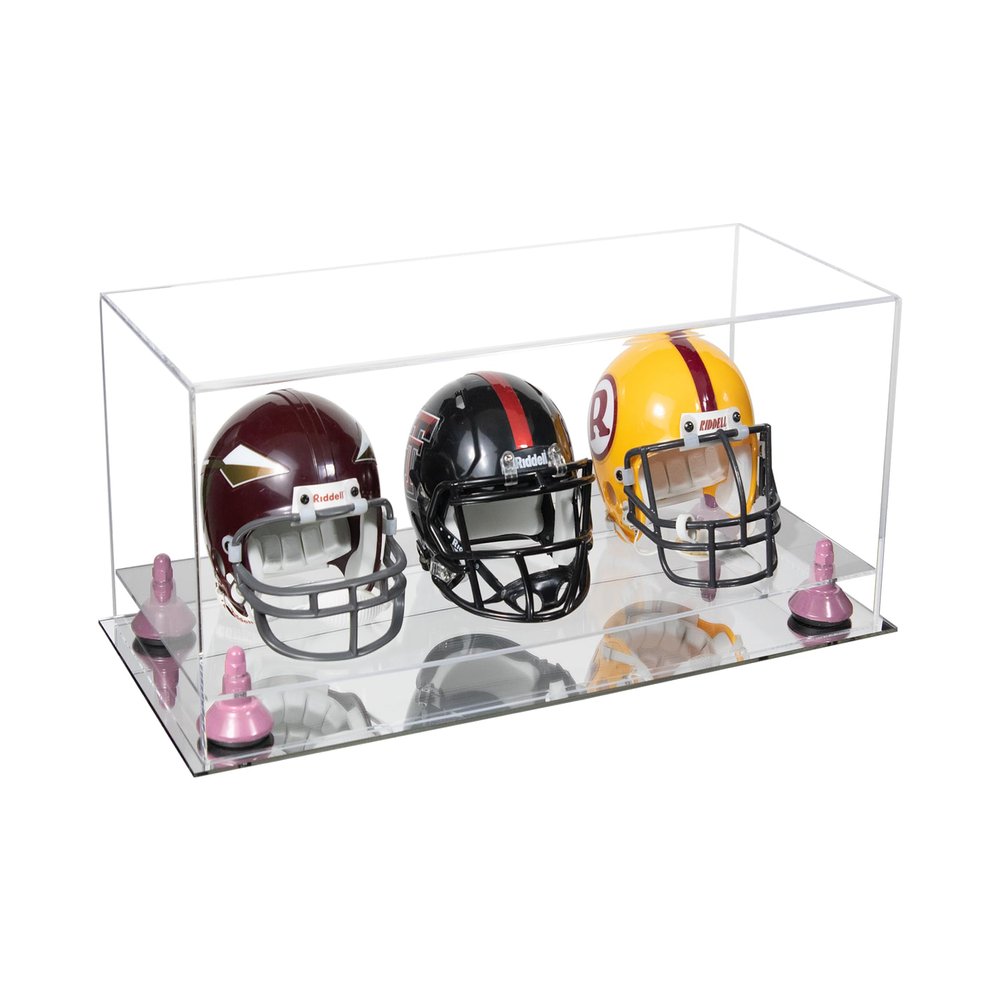 Better Display Cases Acrylic Three Mini - Miniature Football Helmets (not Full Size) Display Case with Clear Case, Pink Risers and Mirror Base 19.25" x 8.25" x 8" (V47/A103)