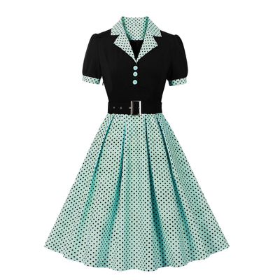 1950s Dresses for Women 50s Style Audrey Hepburn Vintage 1940s Rockabilly Retro Short Sleeve Polka Dot Summer A Line Swing Midi Skater Dress Cocktail Party Evening Prom Gown Plus Size Green Pink L