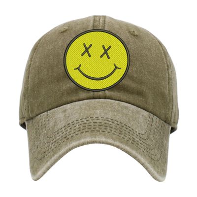 ALLNTRENDS Smile Face Hat Pigment Washed Cotton Baseball Cap (Olive)