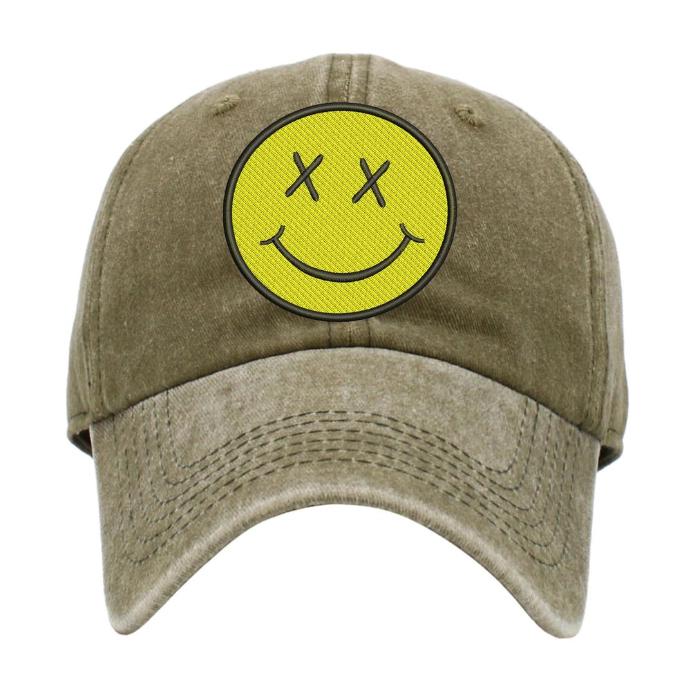 ALLNTRENDS Smile Face Hat Pigment Washed Cotton Baseball Cap (Olive)