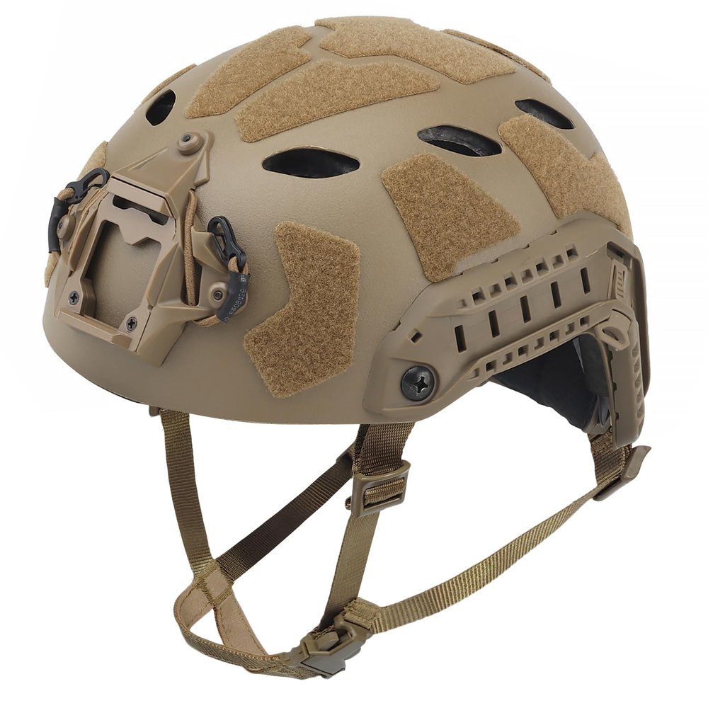 AOUTACC Lightweight Tactical Airsoft Helmet, Integrated Airsoft Helmet with NVG Mount Base, Upgrade Side Rails,Pre-Slotted Headset Strap and Other Helmet Accessories for Outdoor Sports-Tan