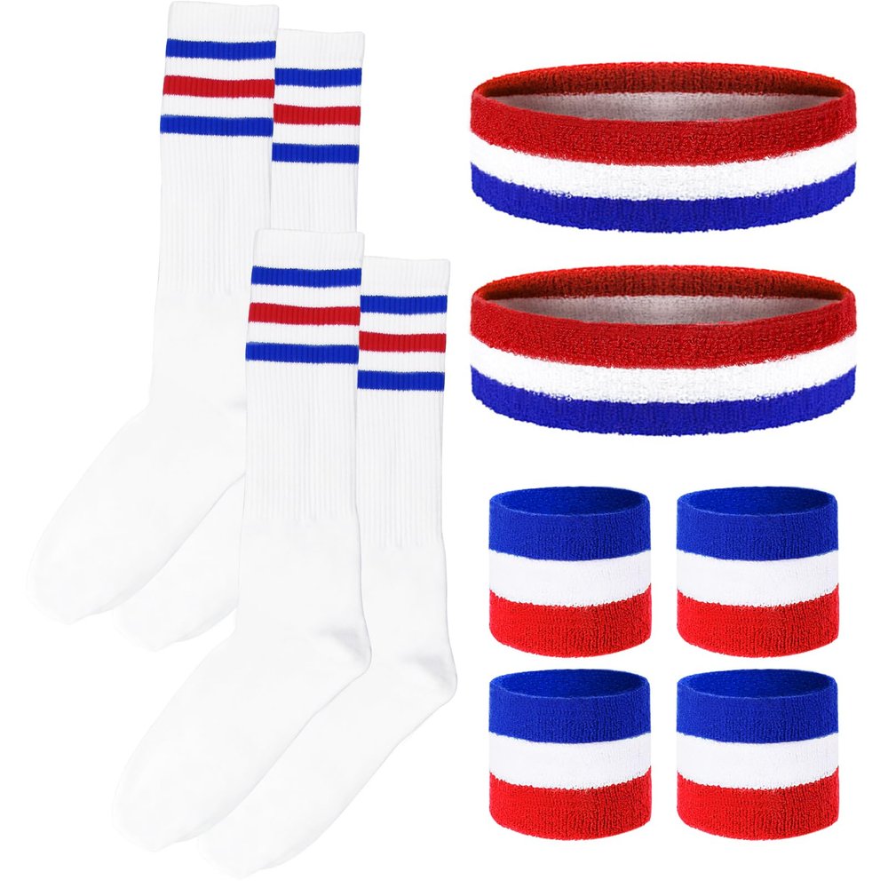 10 Pieces Striped Sweatbands and Socks Set Red White and Blue Sweatbands Set Headbands Wrist Sweat Bands for Men and Women Sports 80s 90s Fitness (Blue, Red and White)
