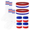 10 Pieces Striped Sweatbands and Socks Set Red White and Blue Sweatbands Set Headbands Wrist Sweat Bands for Men and Women Sports 80s 90s Fitness (Blue, Red and White) view 1