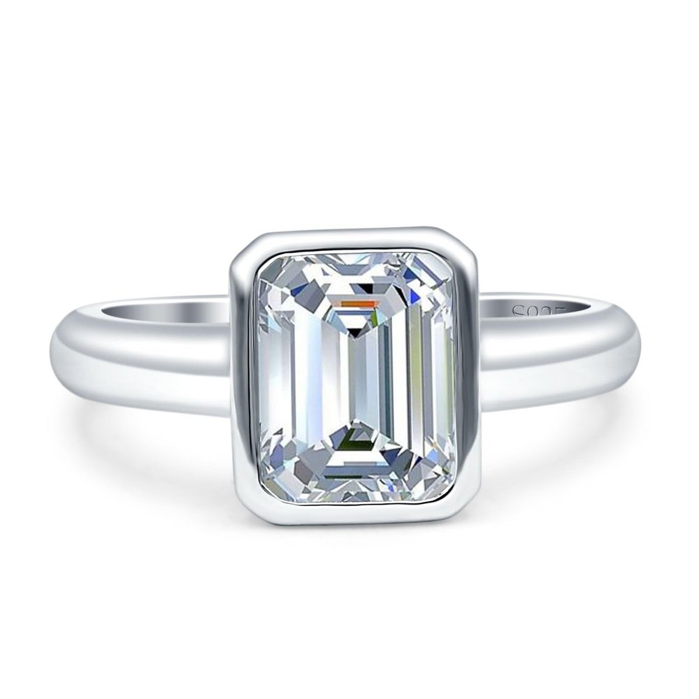 OMRANII Cubic Zirconia Size-5 8mmX6mm Elongated Emerald Cut Beautiful Bezel Set Classic Engagement Anniversary Statement Ring CZ 925 Sterling Silver