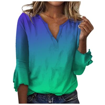 3/4 Sleeve T Shirt Tops for Women Summer Notch V Neck Casual Henley Work Tops Blouses Gradient Bell Sleeve Tunic Tees Green