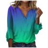 3/4 Sleeve T Shirt Tops for Women Summer Notch V Neck Casual Henley Work Tops Blouses Gradient Bell Sleeve Tunic Tees Green view 1
