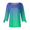 3/4 Sleeve T Shirt Tops for Women Summer Notch V Neck Casual Henley Work Tops Blouses Gradient Bell Sleeve Tunic Tees Green view 2