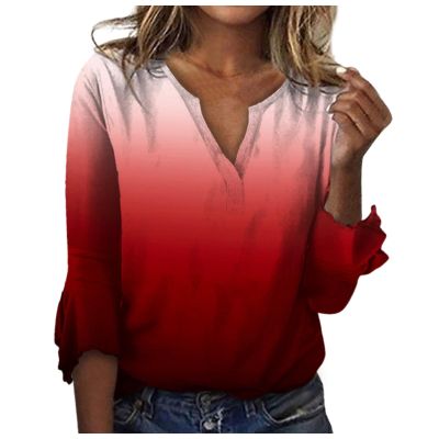 3/4 Sleeve T Shirt Tops for Women Summer Notch V Neck Casual Henley Work Tops Blouses Gradient Bell Sleeve Tunic Tees Red