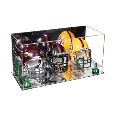Better Display Cases Acrylic Three Mini - Miniature Football Helmets (not Full Size) Display Case with Mirror Case, Green Risers and Mirror Base 19.25" x 8.25" x 8" (V47/A103)