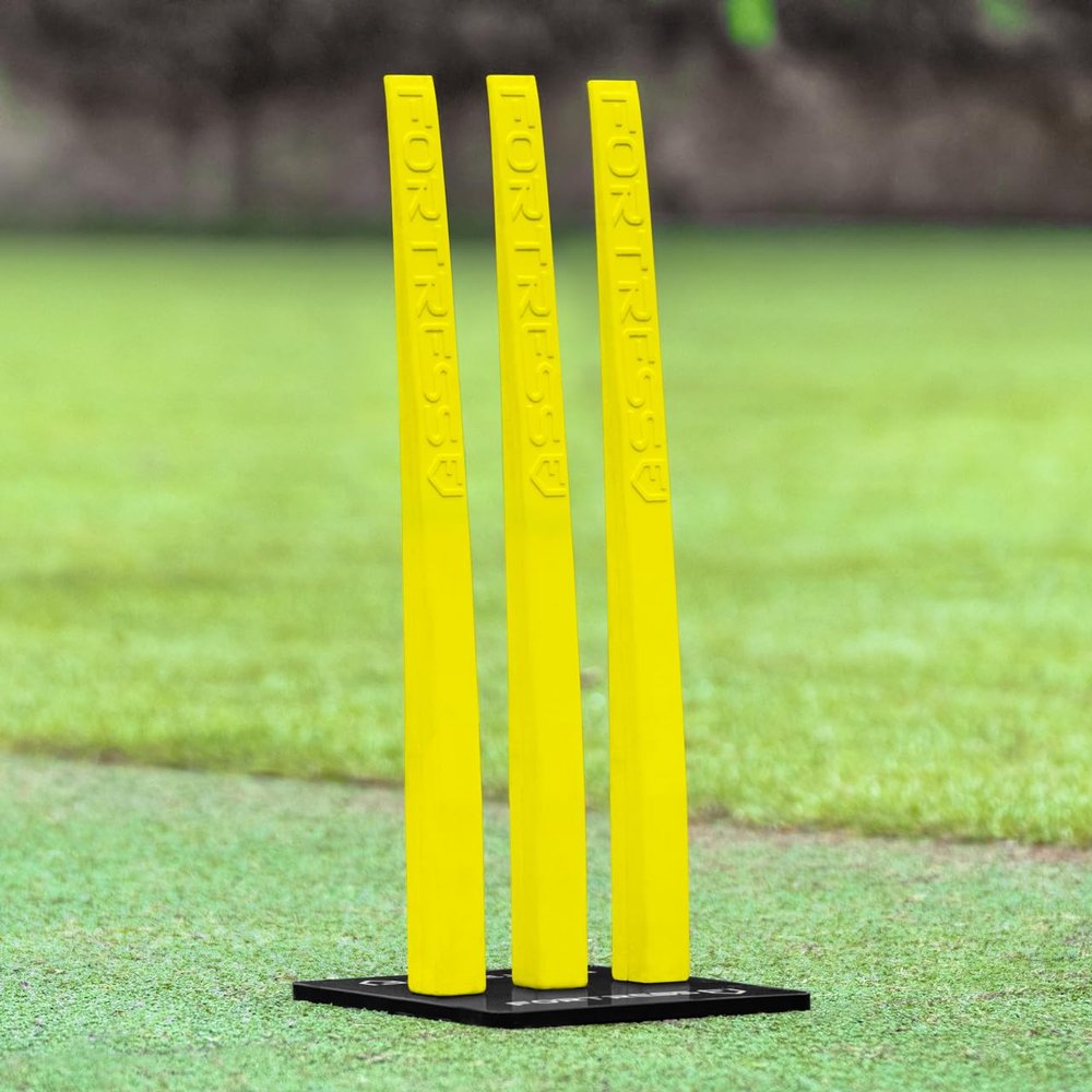 FORTRESS Flexi Cricket Stumps [Multi Pack with Base] | Cricket Training Equipment | Suitable for Bowling & Fielding Drills (1x Freestanding Base, Yellow, 3X Full Size Flexi Stumps)