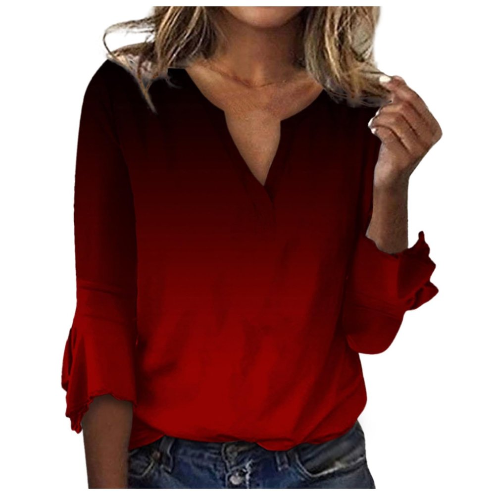 3/4 Sleeve T Shirt Tops for Women Summer Notch V Neck Casual Henley Work Tops Blouses Gradient Bell Sleeve Tunic Tees Watermelon Red