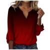 3/4 Sleeve T Shirt Tops for Women Summer Notch V Neck Casual Henley Work Tops Blouses Gradient Bell Sleeve Tunic Tees Watermelon Red view 1