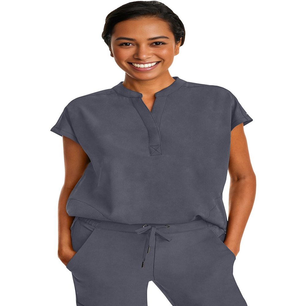Healing Hands Women's Scrub Top Relaxed Fit Journey Top - 2 Pockets with Knit Details, Dolman Sleeve and Rounded Hem - 2152, S, Pewter