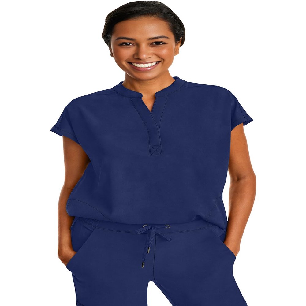 Healing Hands Women's Scrub Top Relaxed Fit Journey Top - 2 Pockets with Knit Details, Dolman Sleeve and Rounded Hem - 2152, L, Navy