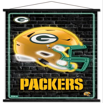 Trends International NFL Green Bay Packers - Neon Helmet 23 Wall Poster, 22.37" x 34.00", Print and Black Hanger Bundle