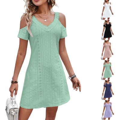 2023 New Solid Color Off Shoulder V Neck Dress Short Sleeve Hollow Out Lace Mini Dresses Elegant Women Clothing Summer Dress (as1, Alpha, x_l, Regular, Regular, D-Green)