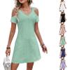 2023 New Solid Color Off Shoulder V Neck Dress Short Sleeve Hollow Out Lace Mini Dresses Elegant Women Clothing Summer Dress (as1, Alpha, x_l, Regular, Regular, D-Green) view 1