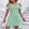 2023 New Solid Color Off Shoulder V Neck Dress Short Sleeve Hollow Out Lace Mini Dresses Elegant Women Clothing Summer Dress (as1, Alpha, x_l, Regular, Regular, D-Green) view 2