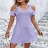 2023 New Solid Color Off Shoulder V Neck Dress Short Sleeve Hollow Out Lace Mini Dresses Elegant Women Clothing Summer Dress (as1, Alpha, xx_l, Regular, Regular, F-Purple) view 2