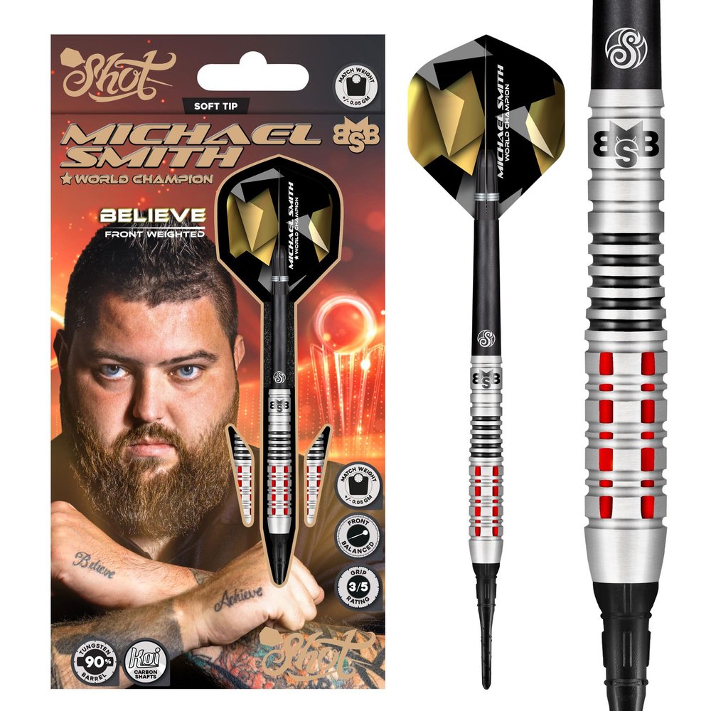 Shot! Darts Soft Tip, Michael Smith Believe (18g / 20g), 90% Tungsten Barrel, Front Weighted, Handcrafted Professional Dart Set & Flights Made in New Zealand, Plastic Tip for Electronic Dartboard