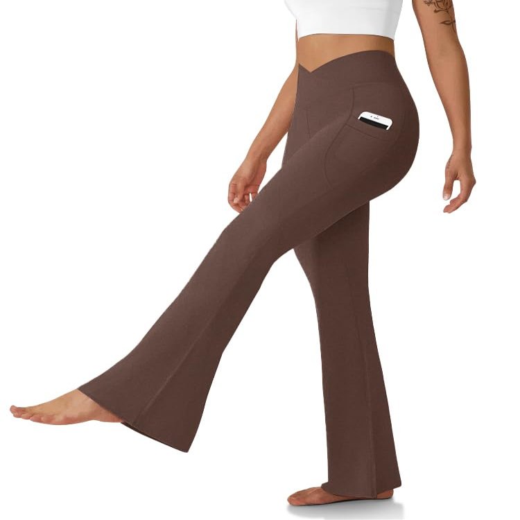 DLOODA Women's Flare Leggings with Pockets Crossover High Waisted Bootcut Yoga Pants Tummy Control Bell Bottom Leggings Brown