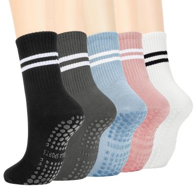 American Trends Pilates Grips for Women Yoga Barre Non Slip Grippy Dance Hospital Socks with Grippers - 5 Pairs: Black, White, Dark Grey, Light Blue, Pink